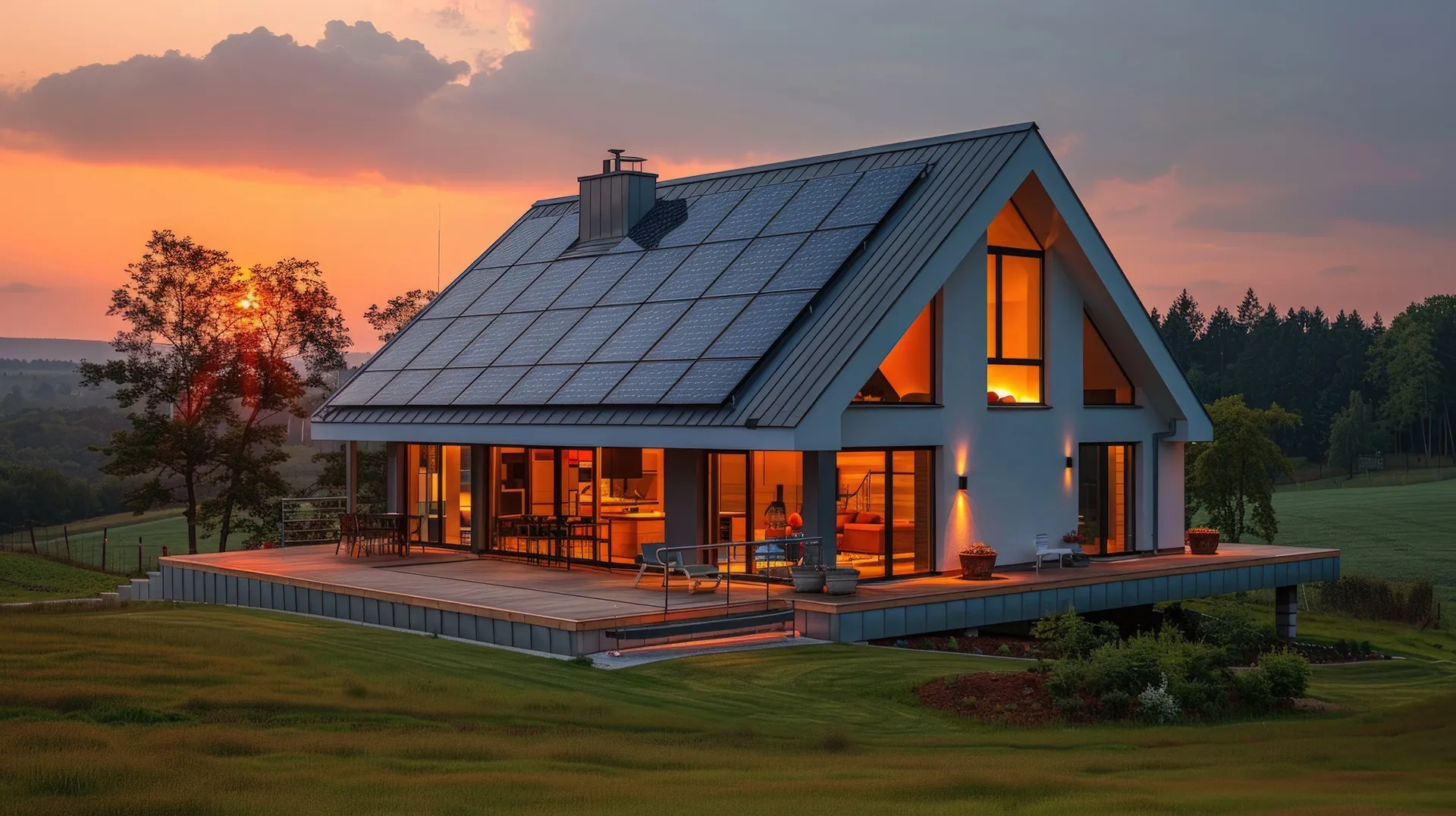 Kako izbrati pravo sončno elektrarno - sodobna hiša s sončnimi paneli ob sončnem zahodu